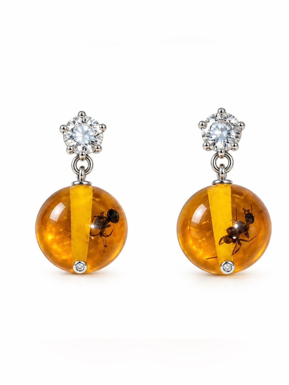 Amber Sphere Drop Earrings with Clear Crystal Studs